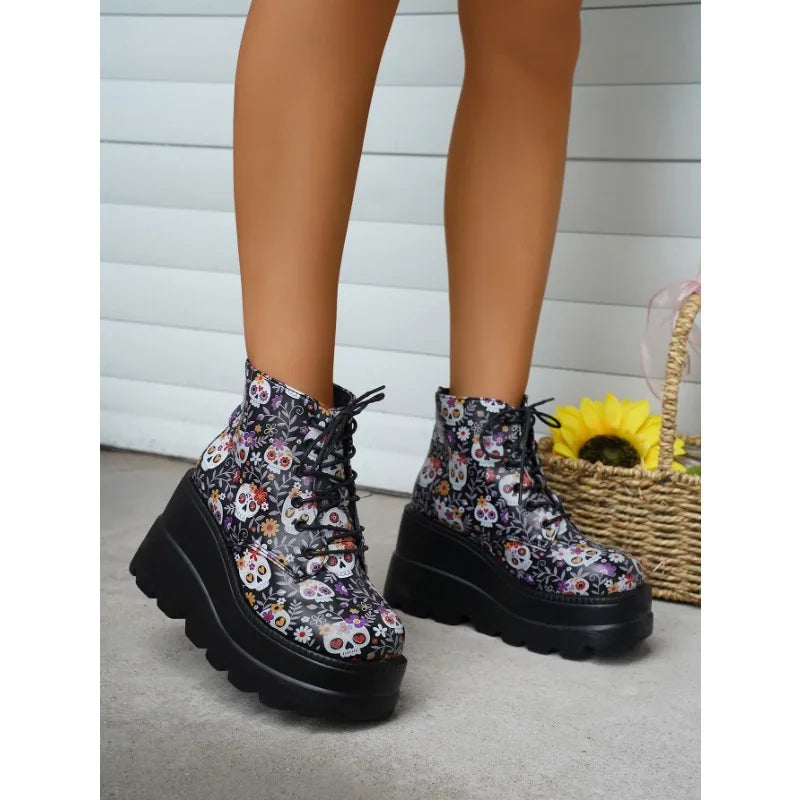 Winter Women's Gothic Platform Ankle Boots Fashion Wedge Lace Up High Heels Women's Boots Street Fashion Women's Shoes