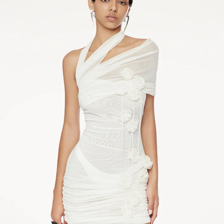 White Color Women Sexy Halter Florals Mesh See Through Bodycon Mini Dress Celebrate Fashion Nightlcub Party Outfit Wholesale WHITE