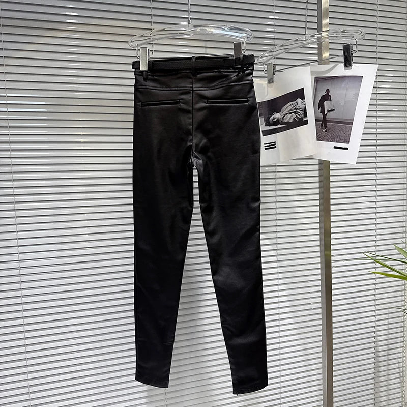 Winter New Fashion Silver Buckle Belt Slim Fit Pencil Pants For Women Black Versatile Boot Trousers Female 11A07922