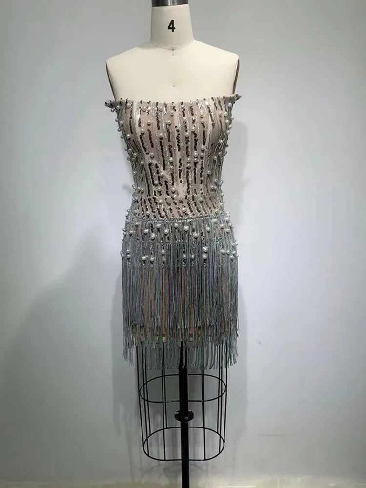 Shinning Rhinestones Peral Beading Sexy Bodycon Mini Dress Women Off the Shoulder Tassel Fashion Celebrate Birthday Party Dress