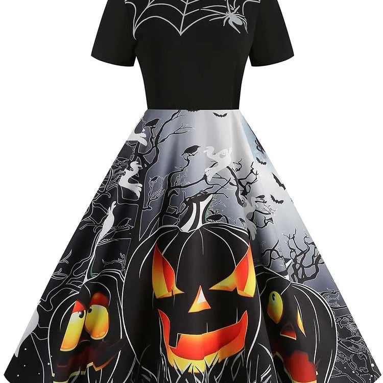 Women Halloween Costumes Dresses Short Sleeve Print 2024 Autumn Winter Vintage Party Dress Vestidos
