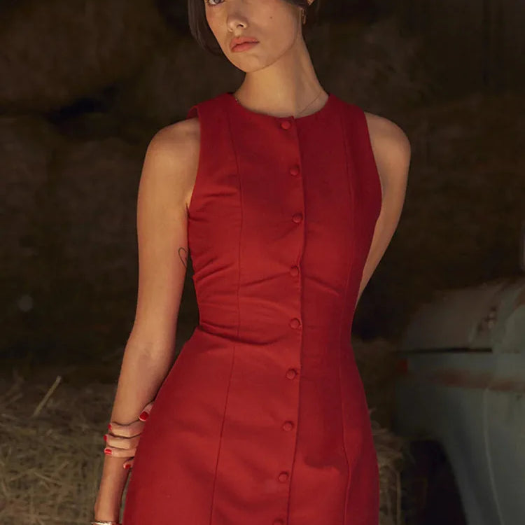 Fashion Sleeveless Sexy Mini Dress For Women New O Neck Single-btrasted Bodycon Club Party Tank Dress Femme Clothes