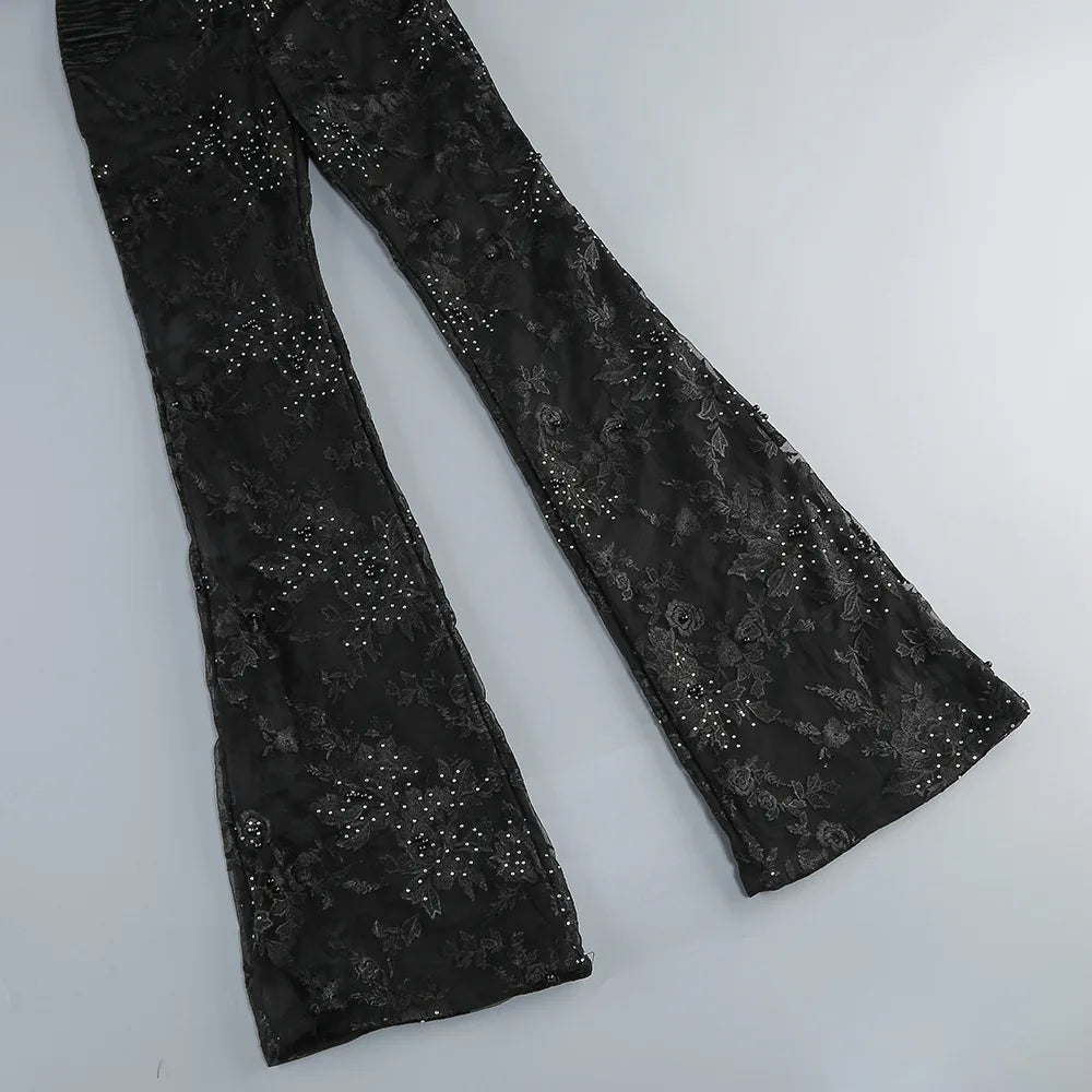 2025 Sexy Women's Light Luxury Embroidered Hot Diamond Patchwork Design jumpsuit V-neck Long sleeved Evening Party Horn jumpsuit