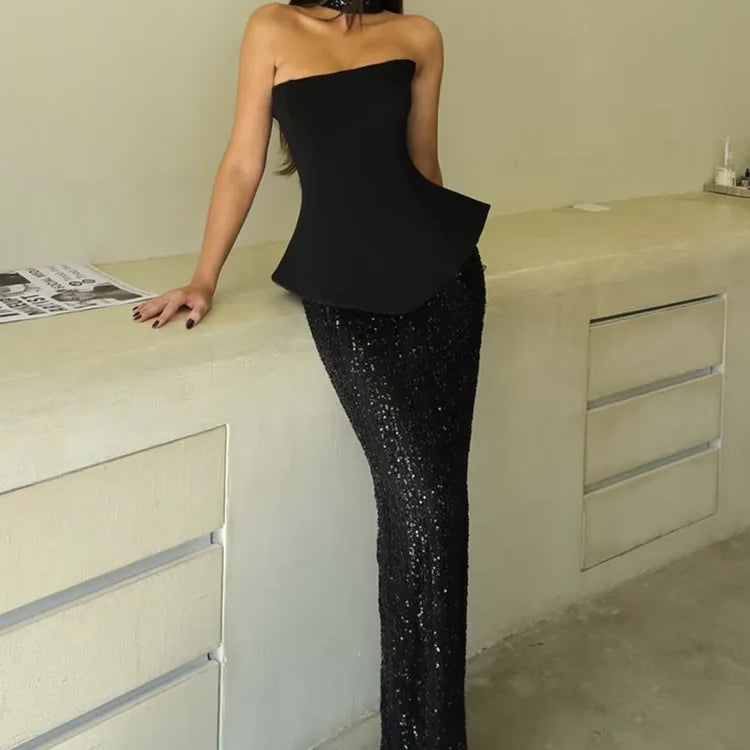 Sexy Strapless Backless Sequins Mesh Black Maxi Long Two Pieces Skirt Bandage Set 2025 Celebrity Designer Women's Set