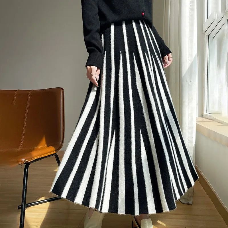 100% Pure Wool Half Skirt Women's High Waisted Knitted Long Skirt Fashion Striped A-Line Skirt Umbrella Skirt Autumn Winter New black