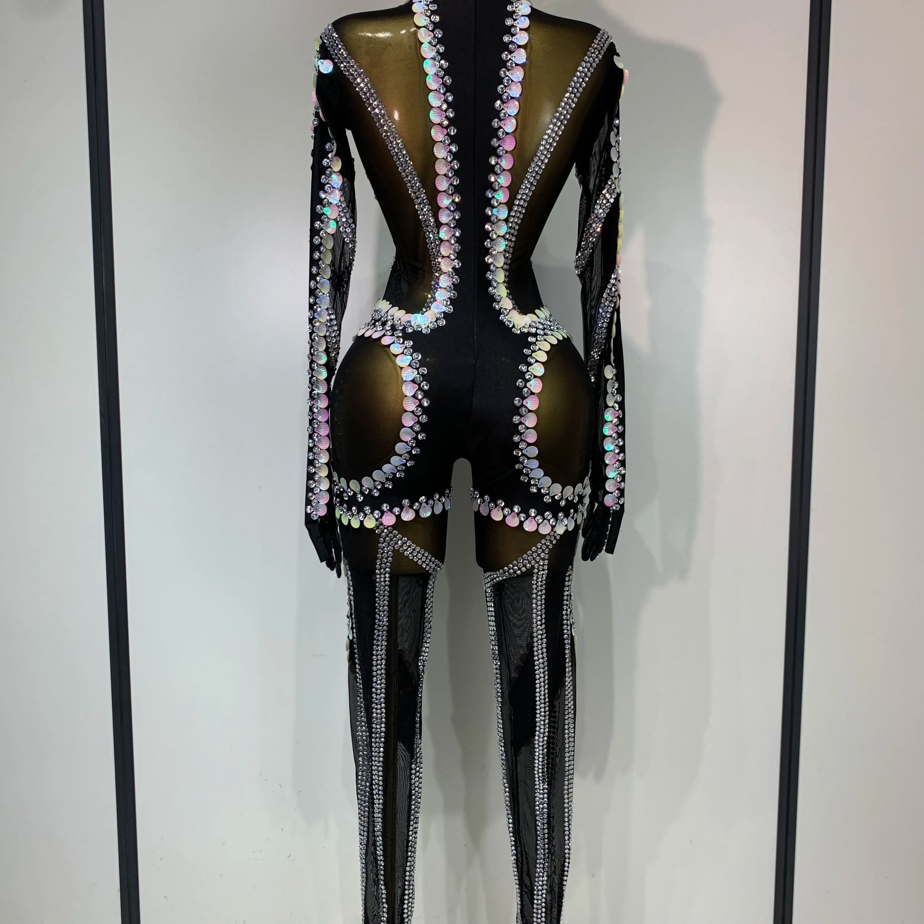 Women Sexy Long Sleeve Sparkly Crystal Sequin Mesh Jumpsuit Nightclub Cos Party Dancer Performance Costume Stage Outfit