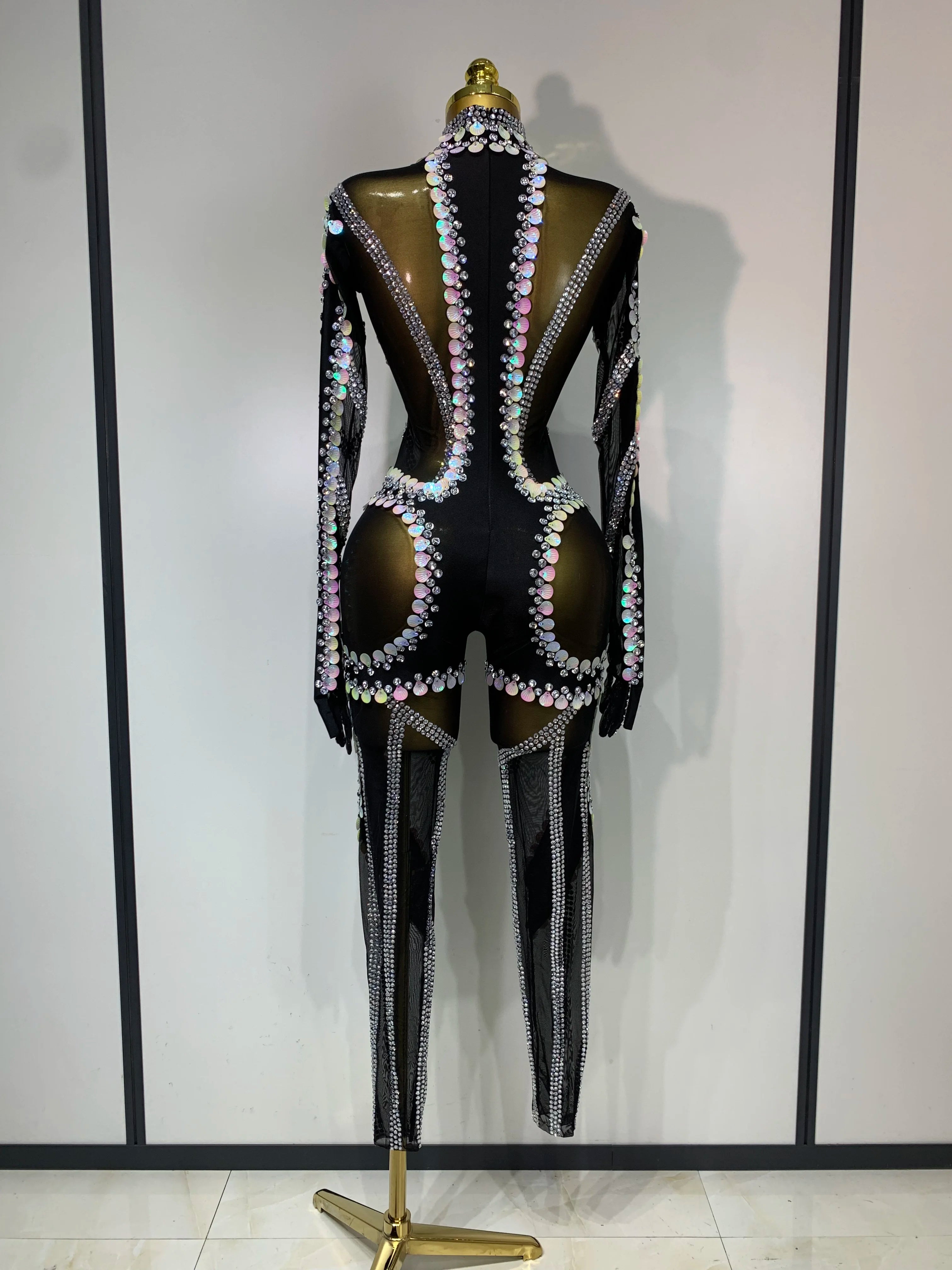 Women Sexy Long Sleeve Sparkly Crystal Sequin Mesh Jumpsuit Nightclub Cos Party Dancer Performance Costume Stage Outfit