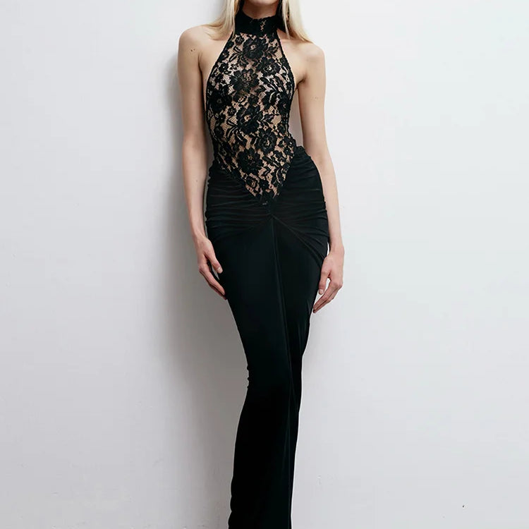 VC Sexy Black Halter Lace See Through Long Dress Backless Floor Length Tunic Elegant Cocktail Party Evening Gowns