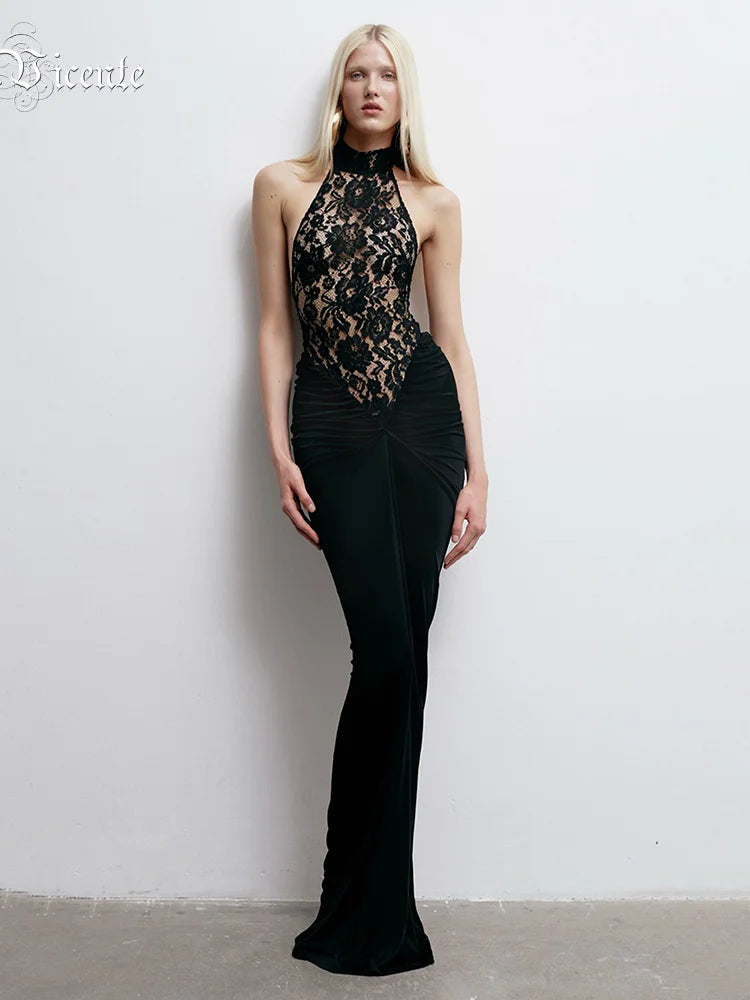 Sexy Black Halter Lace See Through Long Dress Backless Floor Length Tunic Elegant Cocktail Party Evening Gowns