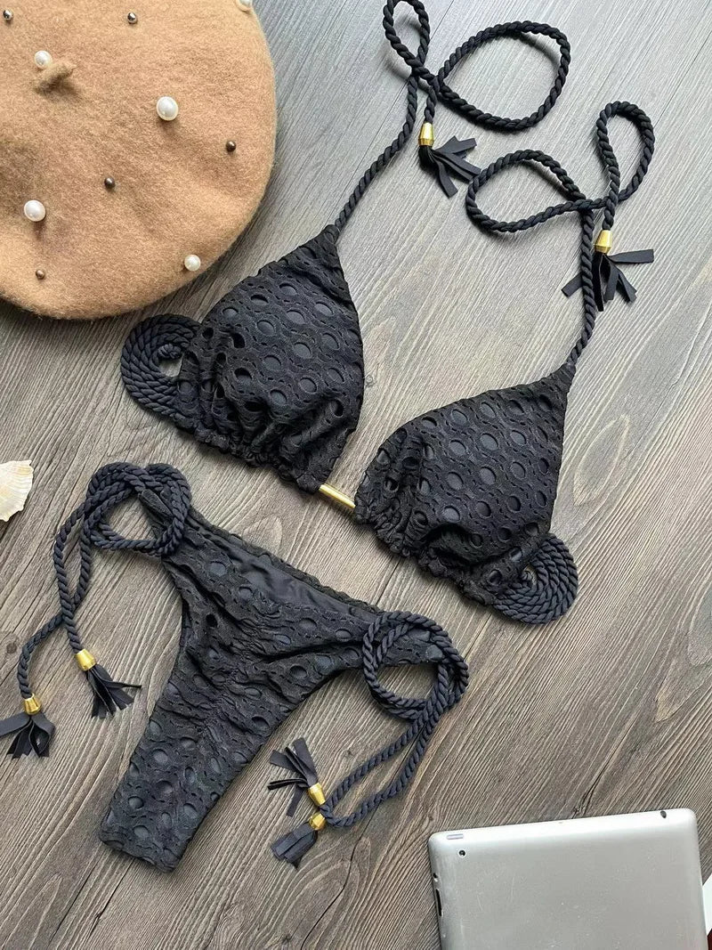 Para Praia Hollow Out Bandage Swimwear Halter Bikini Set Thong Swimsuit Women Biquini Brazilian Bathing Suit Beachwear 8284