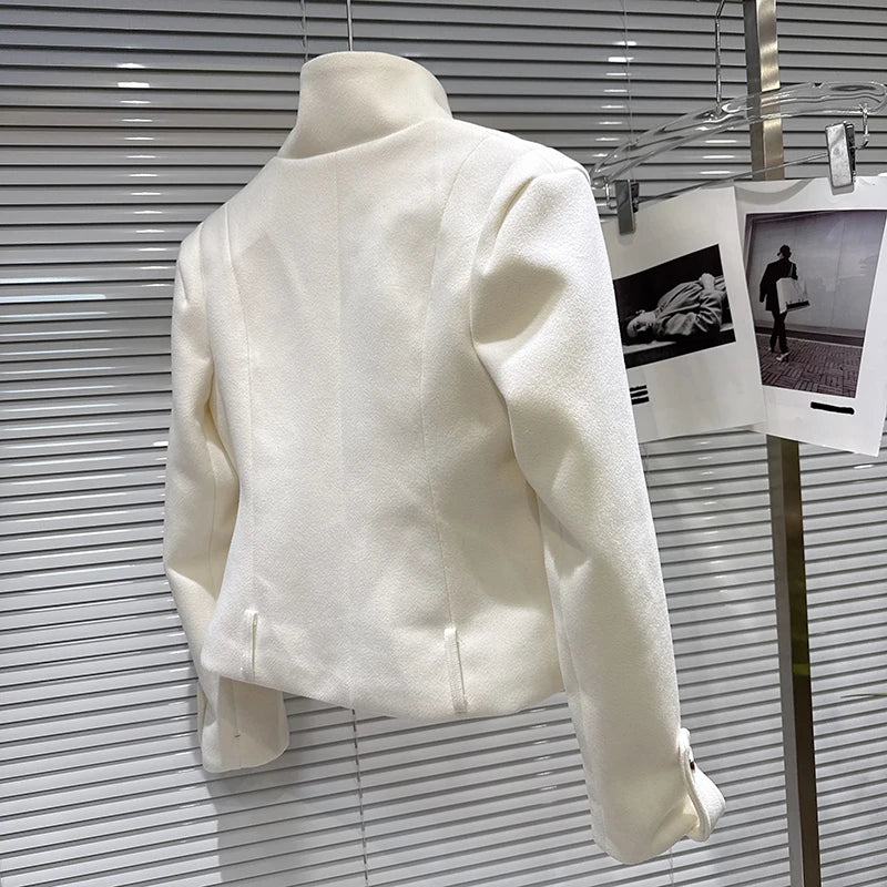 Winter New Style Elegant Double-Breasted Woolen Quilted Stand Collar Coat A-line Short Skirt Set For Women 11A07948