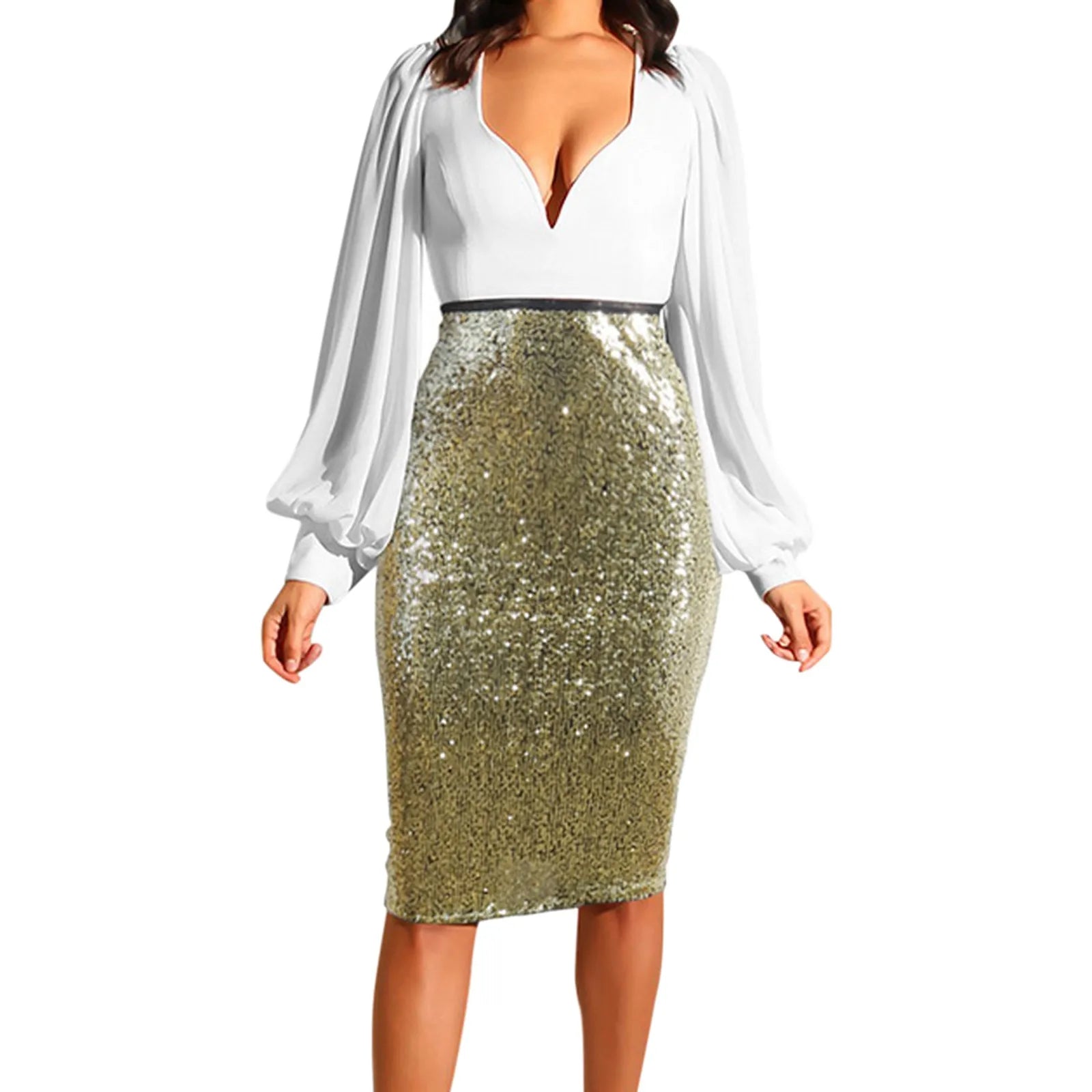 Sexy Shiny Sequin Skirt Women High Waist Glitter Gold Silver Stretchy Pencil Skirts Ladies Knee Length Party Club Midi Skirt Gold