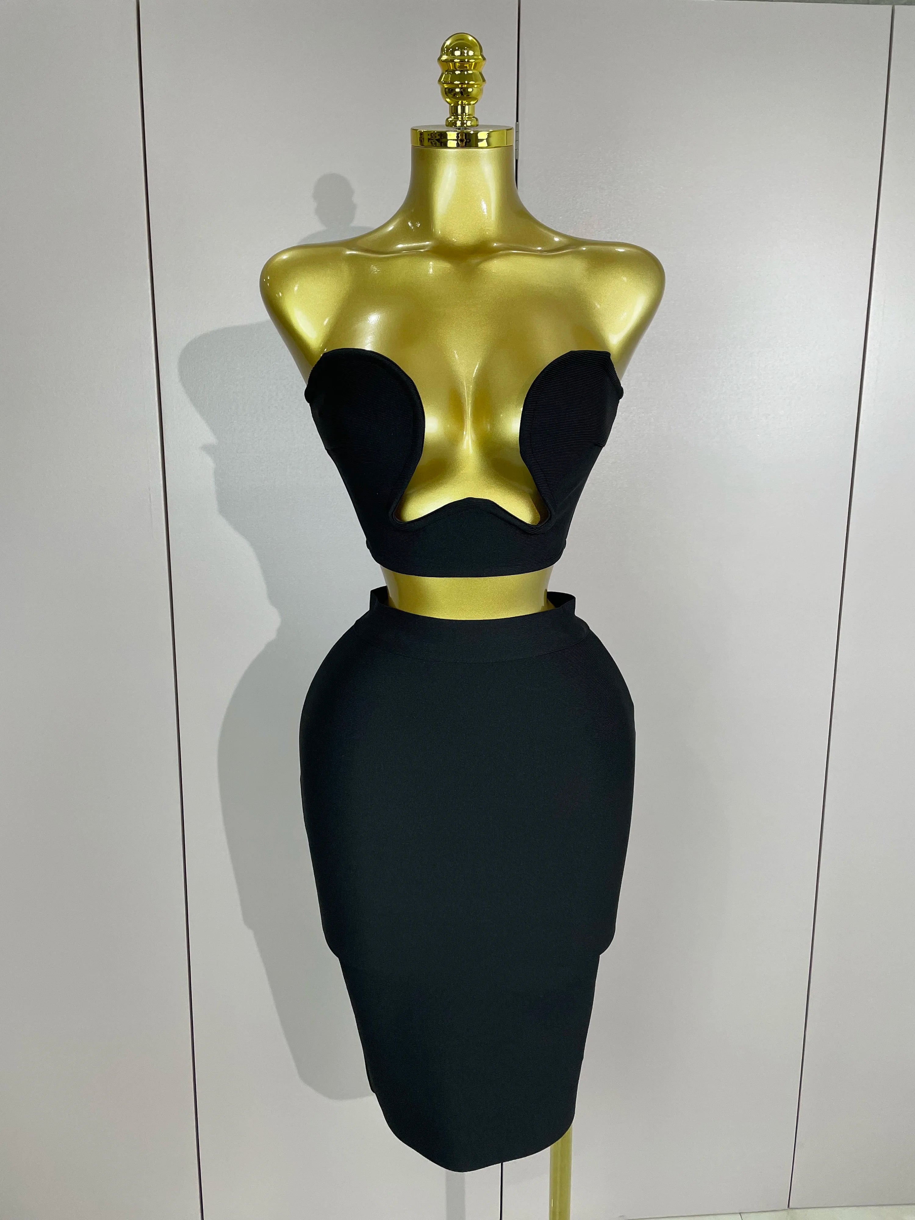 2025 Women Sexy Strapless Backless Black Bandage Two Piece Suit Celebrity Designer Fashion Birthday Gown Evening Prom Costume black