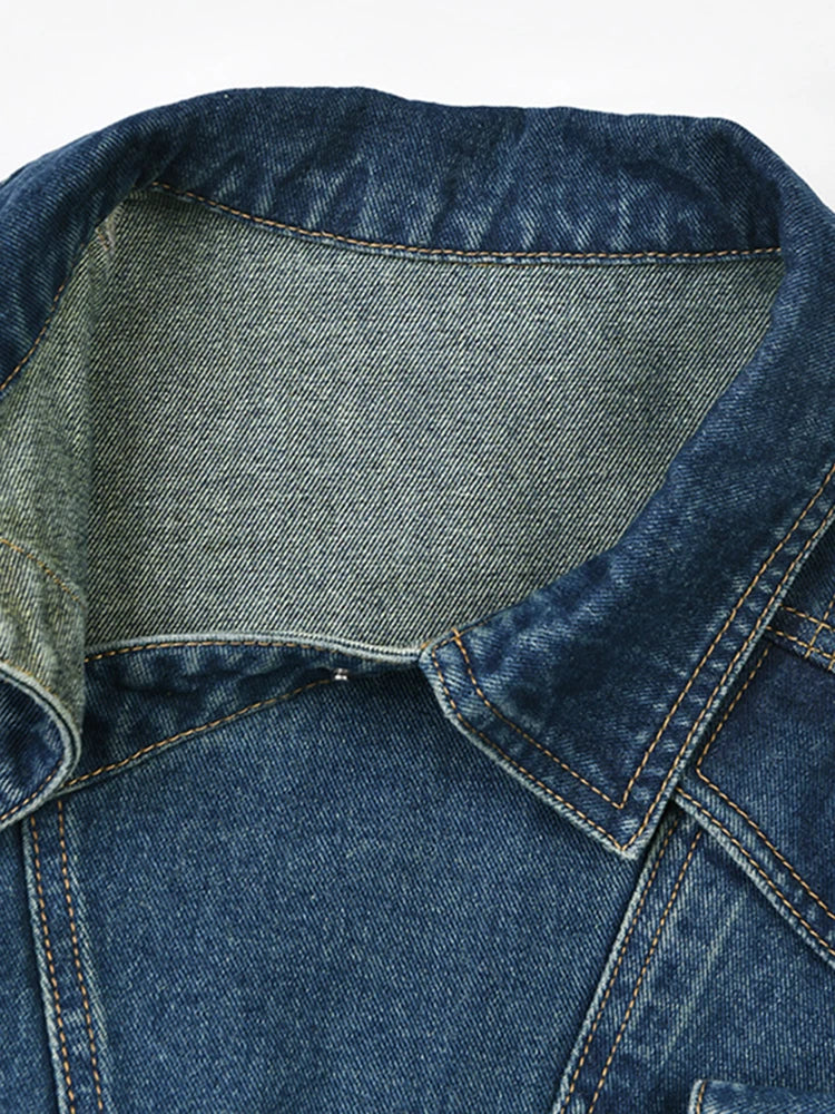 DEAT Fashion Women's Denim Jackets Lapel Retro Deconstruction Asymmetry Zipper Long Sleeve Short Coat Winter New 29L1194