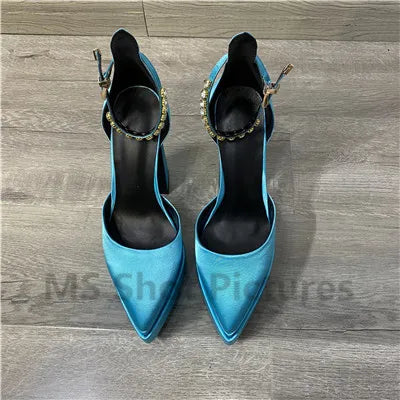 Luxury Women High Heel Shoes Platform Sandals Pointed Toe Woman Silk Pumps Sexy Rhinestone Buckle Chunky Heel Wedding Shoes 2024 sky blue
