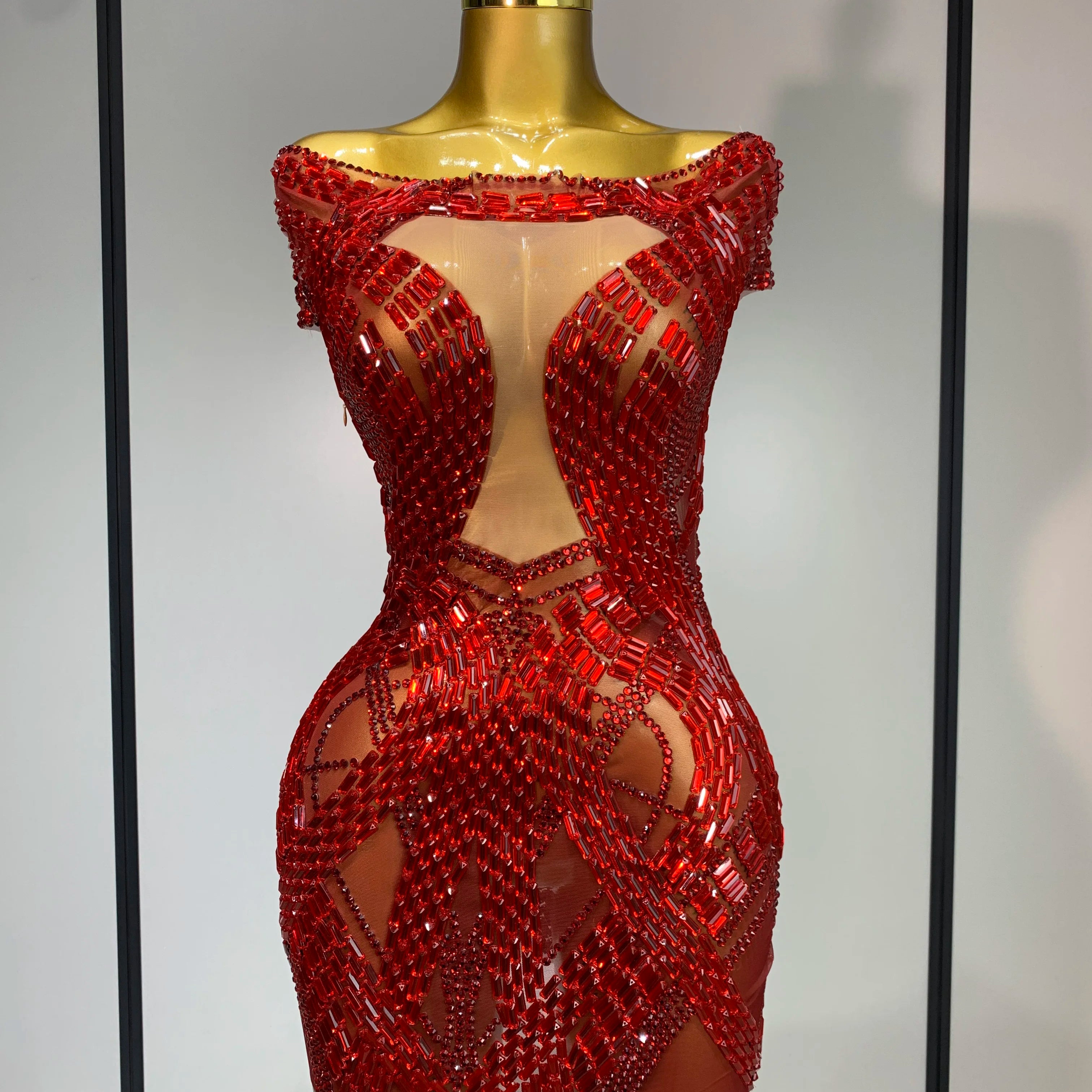 Luxury Rhinestones Sexy Mesh See Through Mini Dress Women Celebrate Birthday Evening Party Dress Stage Performance Costume Red