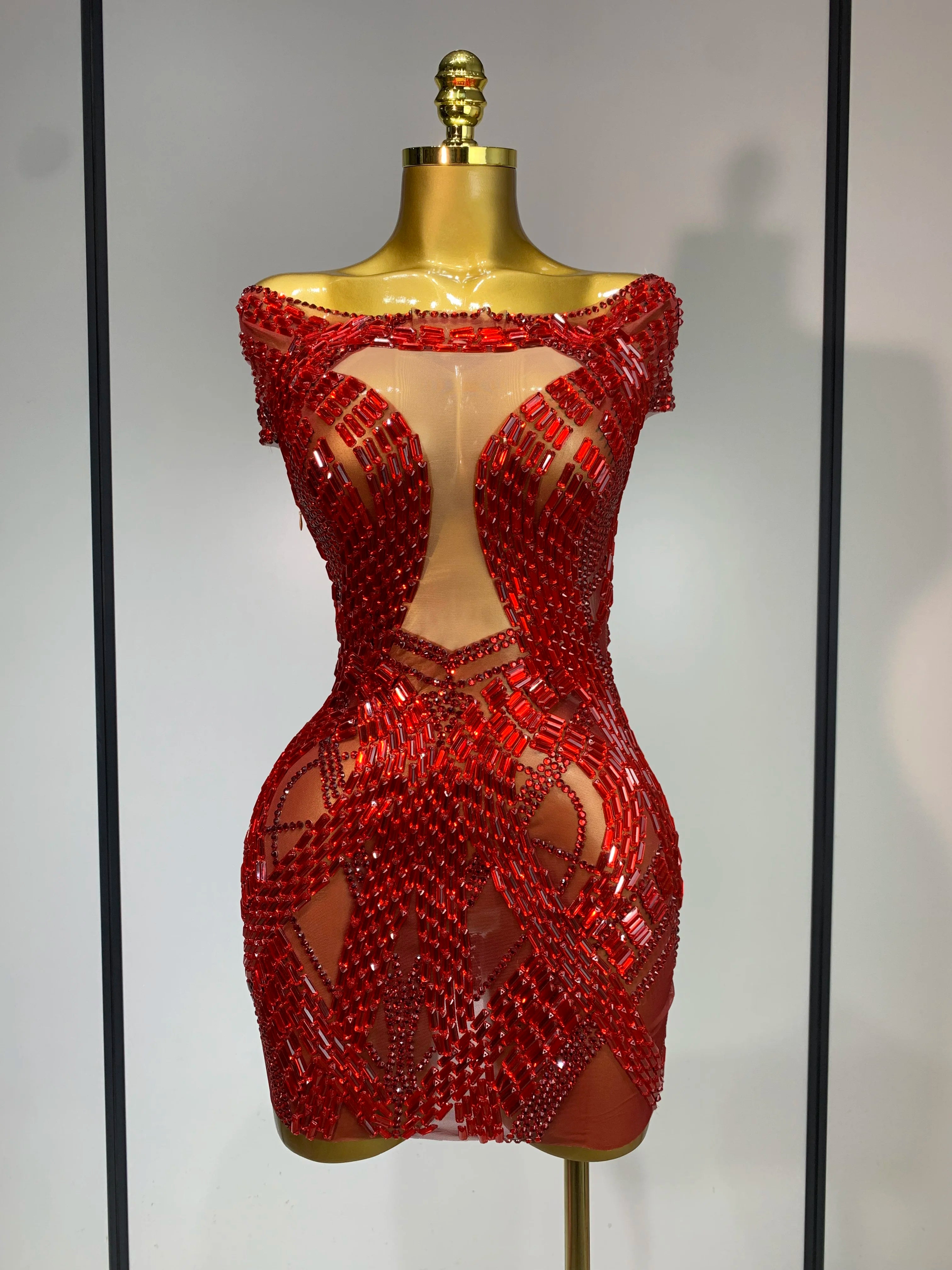 Luxury Rhinestones Sexy Mesh See Through Mini Dress Women Celebrate Birthday Evening Party Dress Stage Performance Costume Red