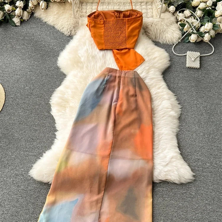 SINGREINY Holiday Suits Strapless Halter Strapless Top+Zipper Tie Dye Skirt Female Fashion Sexy Two Pieces Suit