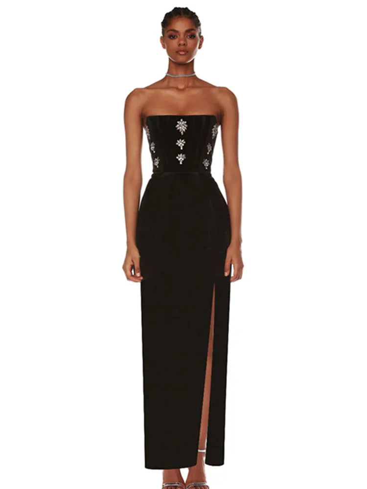 Women Celebrity Sexy Strapless Backless Diamonds Black Maxi Long Bodycon Bandage Dress 2024 Elegant Evening Club Party Outfit black