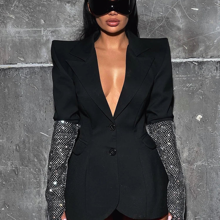 Black V Neck Long Sleeves Blazer With Rhinestones Embellished Cuff Crystals Patchwork Slim Jacket Single Breasted Coat