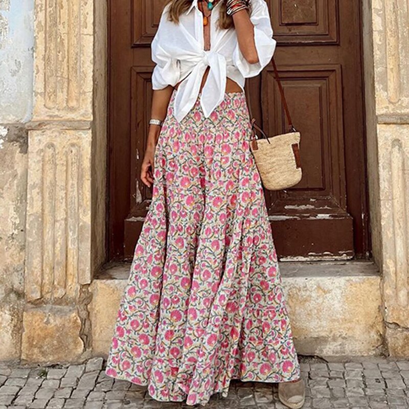 Summer Loose Hem Elastic Wasit Long Skirt For Women Casual Beach Styly Boho Skirt Lady Vintage Floral Print Holiday Beach Skirts 02 Pink Red