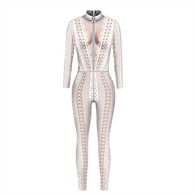 Women Skeleton Robot 3D Printing Bodysuit Zipper Back Halloween Costume Full Body Fall Jumpsuits for Women Wedding Guest