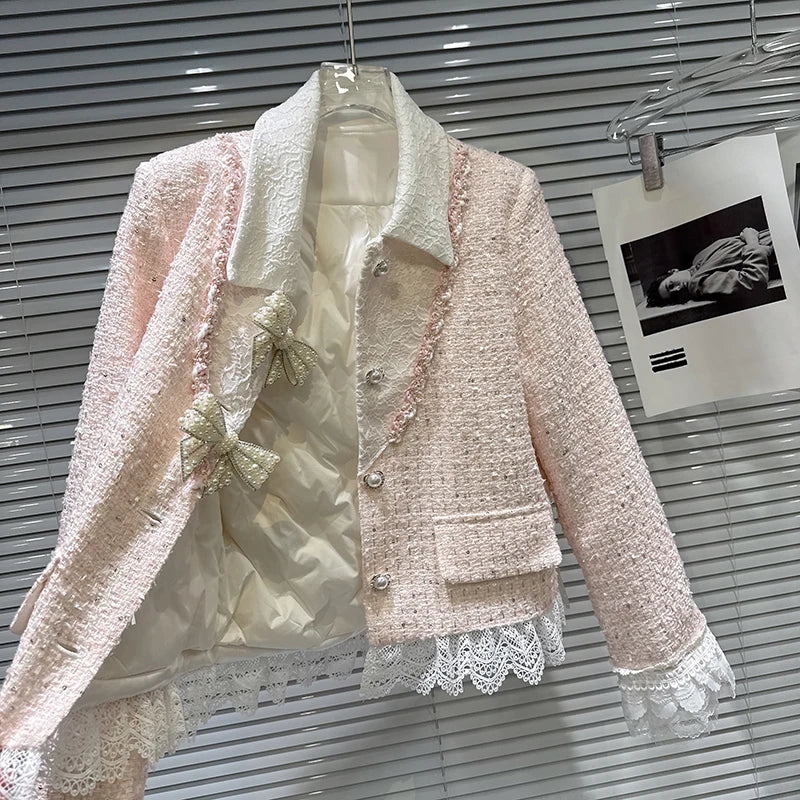 Autumn Winter New Fashion Sweet Pearl Bow Tie Down Short Coat Midi Skirt Tweed Two-pieces Set For Women 11A07717