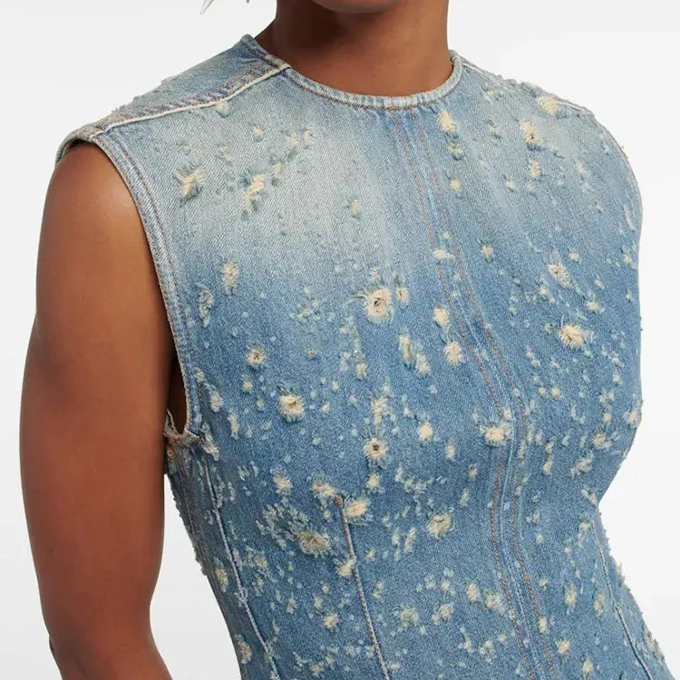 Denim Hollow Out Dresses For Women Round Neck Sleeveless Tunic Patchwork Pockets Vintage Dress Female Fashion Style