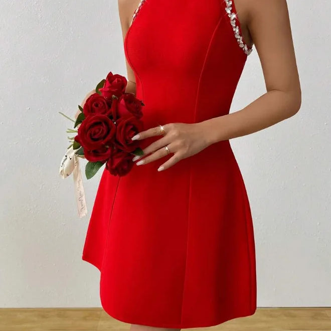Black Red Color Women Sleeveless Sexy Off the Shoulder A-Line Mini Bandage Dress Diamond Fashion Birthday Party Outfit Red