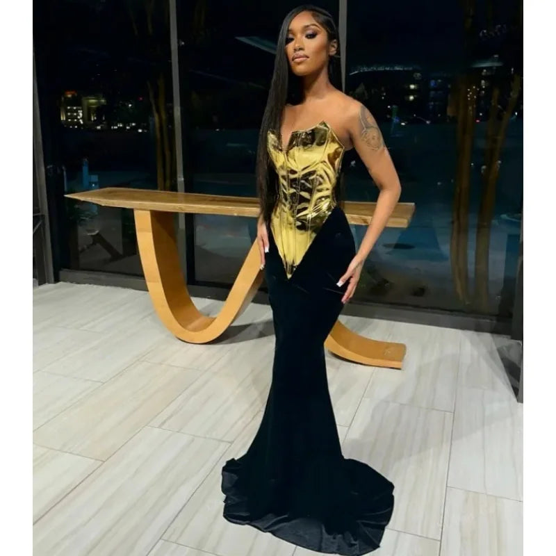 2025 Fashion Glod PU Woman Set Strapless Tops And Package Hips Balck Skirt 2 Pieces Evening Party Outfit Performance costume