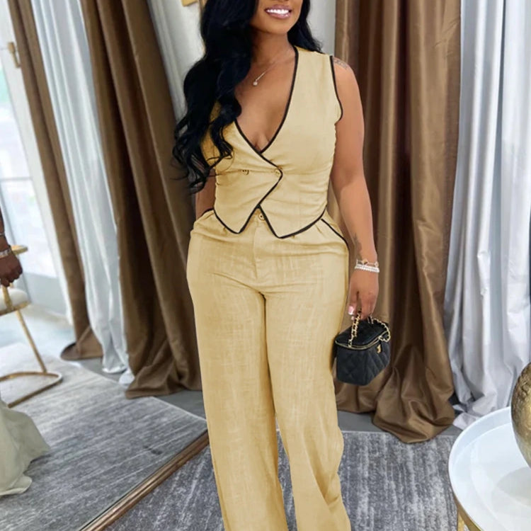 CM.YAYA Fashion Women's Set Strapless Vest Tops and Wide Leg Pants Suit 2025 Summer Street Two 2Piece Sets Outfit Tracksuit Khaki