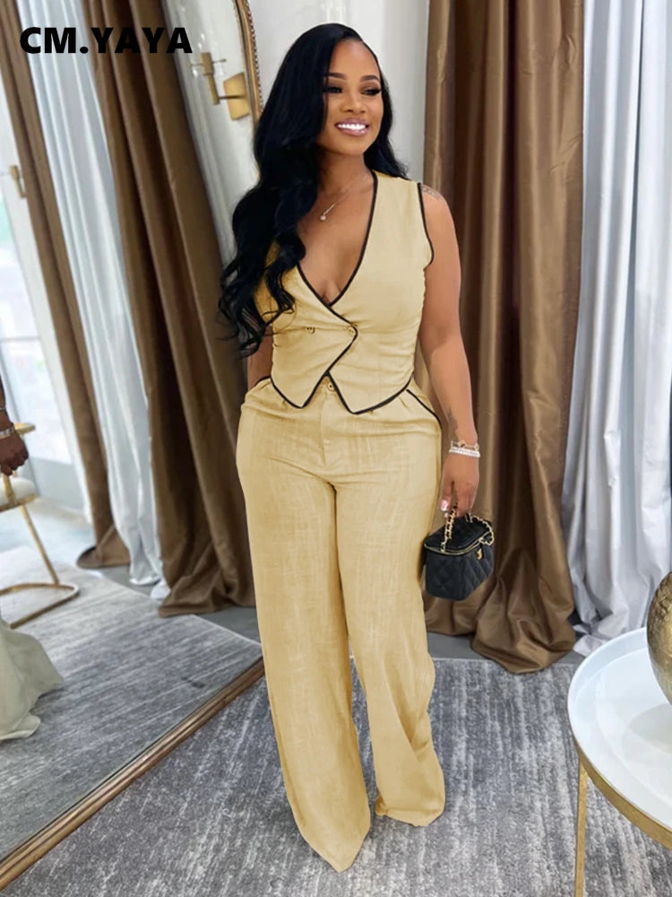 CM.YAYA Fashion Women's Set Strapless Vest Tops and Wide Leg Pants Suit 2025 Summer Street Two 2Piece Sets Outfit Tracksuit Khaki