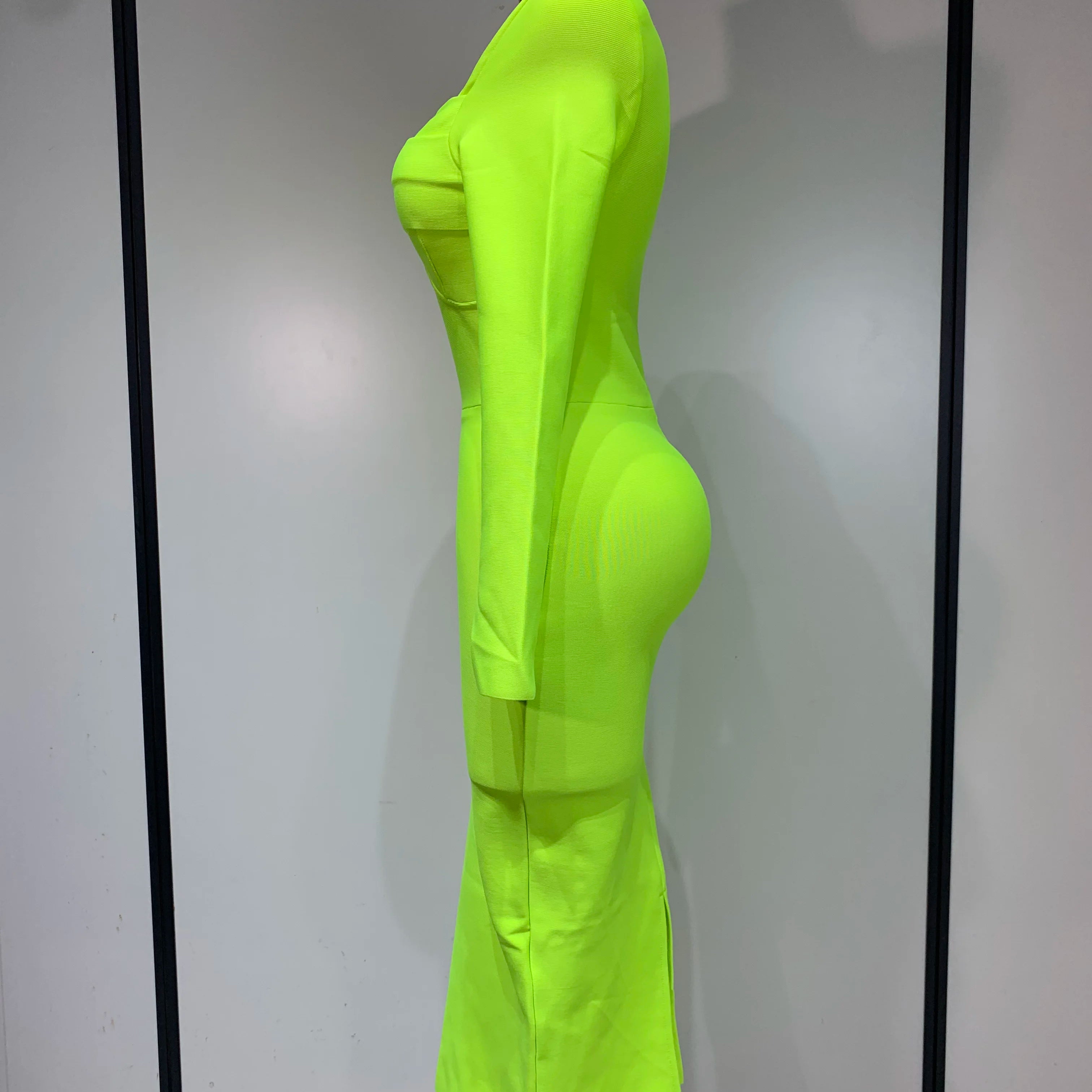 Women Sexy Long Sleeve Square Collar Fluorescent Green Midi Bodycon Bandage Dress 2025 Elegant Evening Birthday Party Dresses