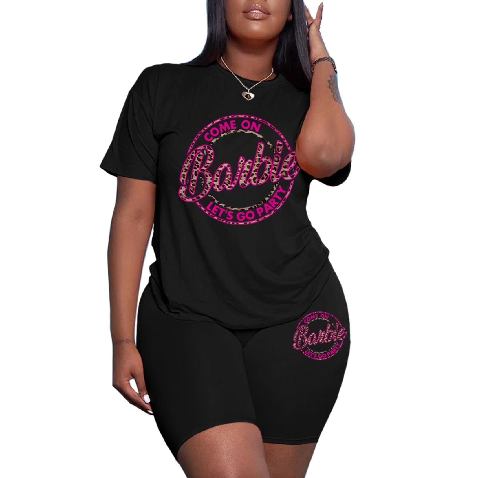 Summer Kawaii Barbie Girls 2Pcs Short Sleeve Shorts Ladies Fashion Casual Soft Sports T-Shirt Short Pants Suit Gifts Plus Size black