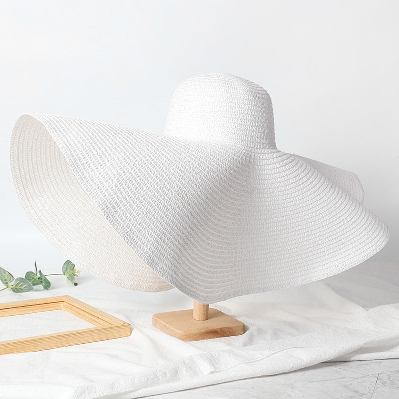 Summer 70cm Large Wide Brim Sun Hats For Women Oversized Beach Hat Foldable Travel Straw Hat Lady UV Protection Sun Shade Hat white 54-57cm