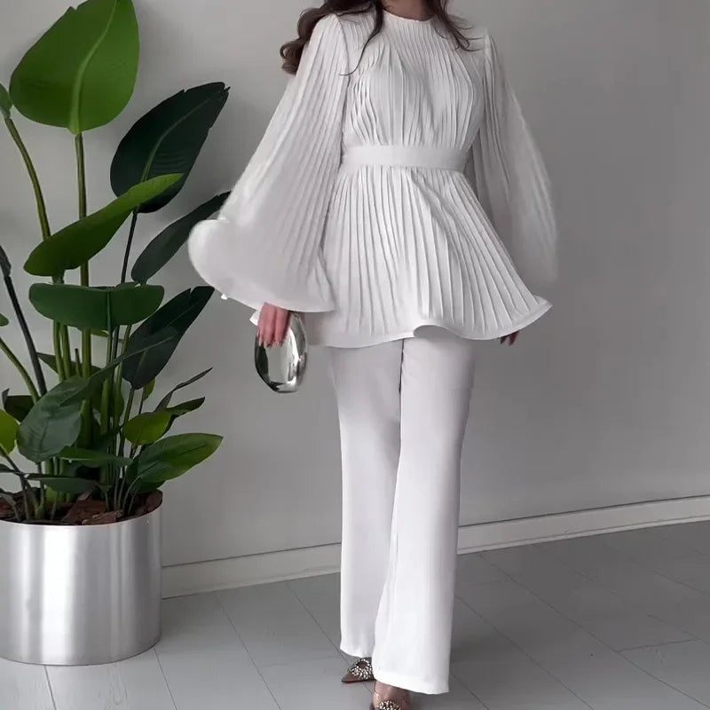 Loose Pleated Top Pants Women Belt Suit Elegant O-neck Long Batwing Sleeve Big Swing Top Wide Leg Pant 2 Piece Sets Outfit white