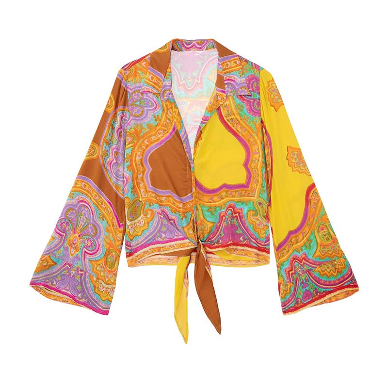 Women Casual Print Tunic Dress Robe Fashion Knotted Beach Skirt Long Sleeve Lapel Crop Shirt Tops Female Shorts 2022 Summer Sets tops