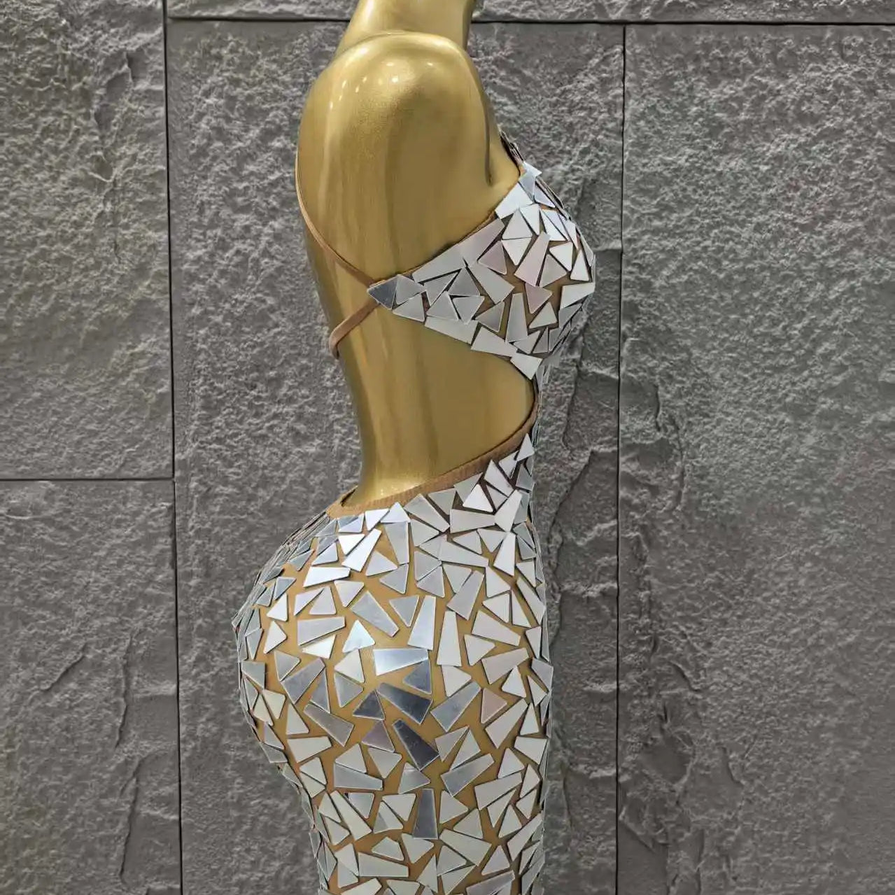 Silver Color Women Sexy One Shoulder Shinning Mirrors Bodycon Mini Dress Nightclub Party Celebrate Birthday Photo Shoot Dress