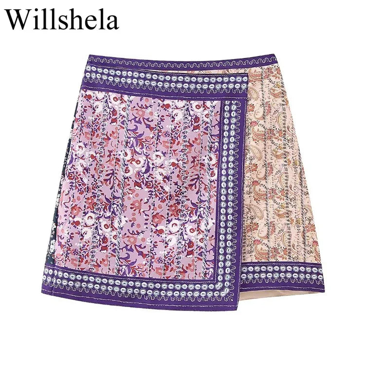 Willshela Women Fashion Printed Side Zipper Mini Skirt Vintage High Waist Asymmetrical Female Chic Lady Skirts Print