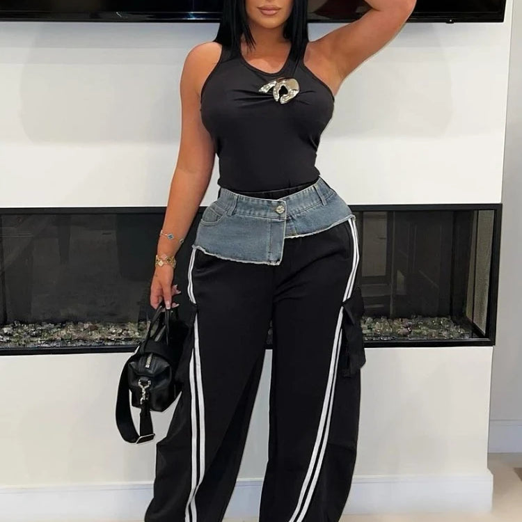 Fashion Women Denim Patchwork Pocket Side Wide Leg Loose Jogger Pants 2024 Active Jean Splicing Sweatpants Trousers