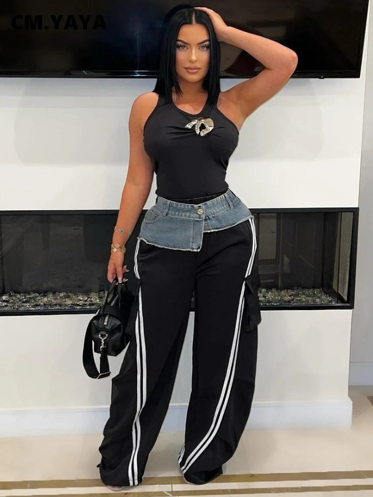 Fashion Women Denim Patchwork Pocket Side Wide Leg Loose Jogger Pants 2024 Active Jean Splicing Sweatpants Trousers