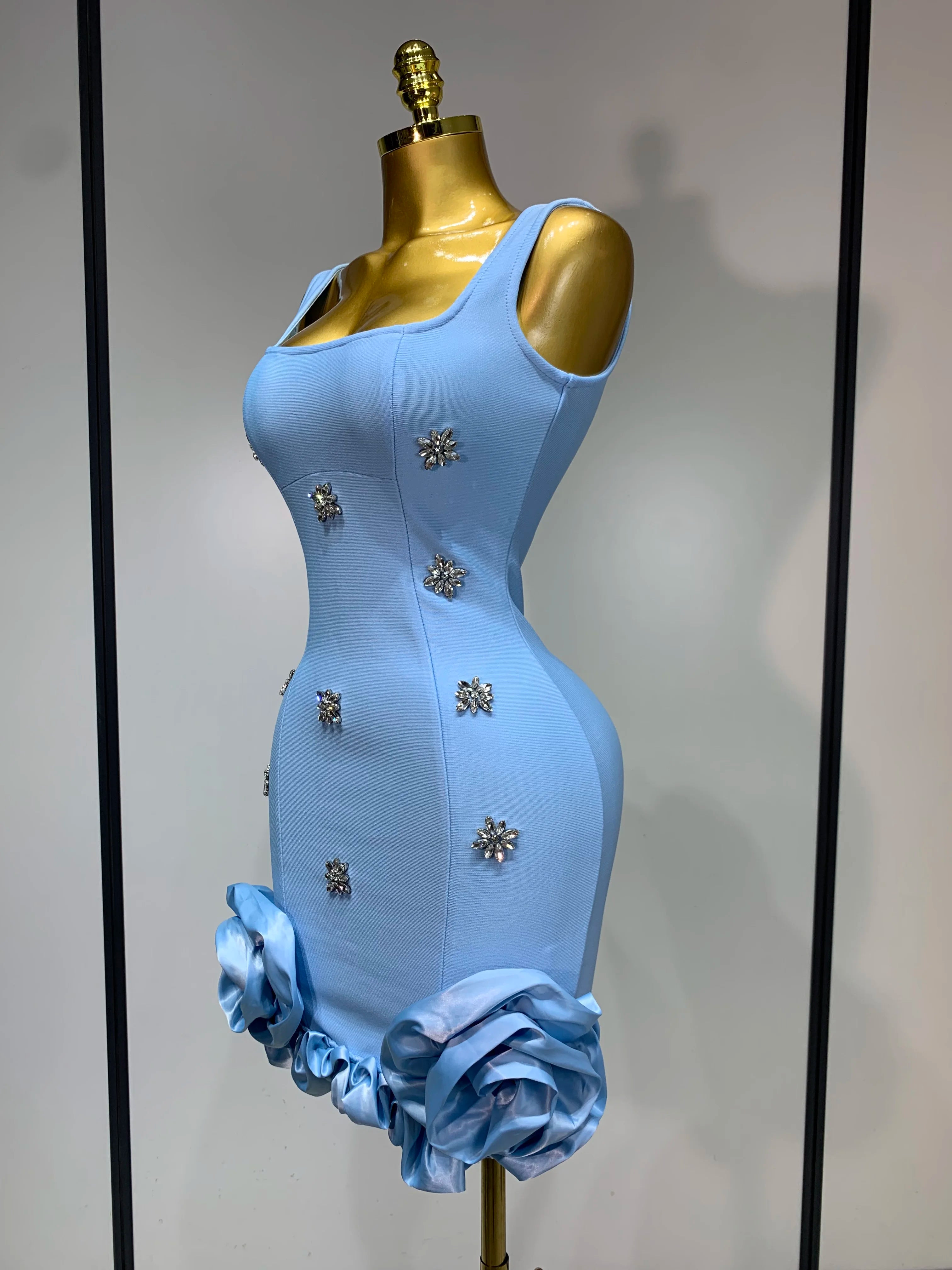 Women Sexy Square Collar Sparkly Rhinestone Bodycon Mini Bandage Dress Celebrate Evening Party Elegant Luxury Birthday Dress