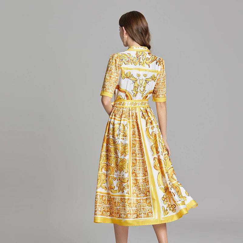 Summer Holiday Yellow Paisley Print Shirt Dresses Women's Turn Down Neck Short Sleeve Belt High Waist Beach Party Vestidos