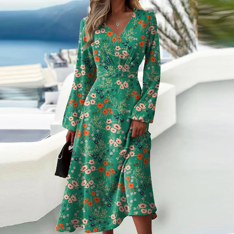 Retro Ladies Printed Slim Fit Dresses V-neck Flared Sleeves Waist Patchwork A-line Skirt New Trendy Women's Wear For Spring 2024 Green