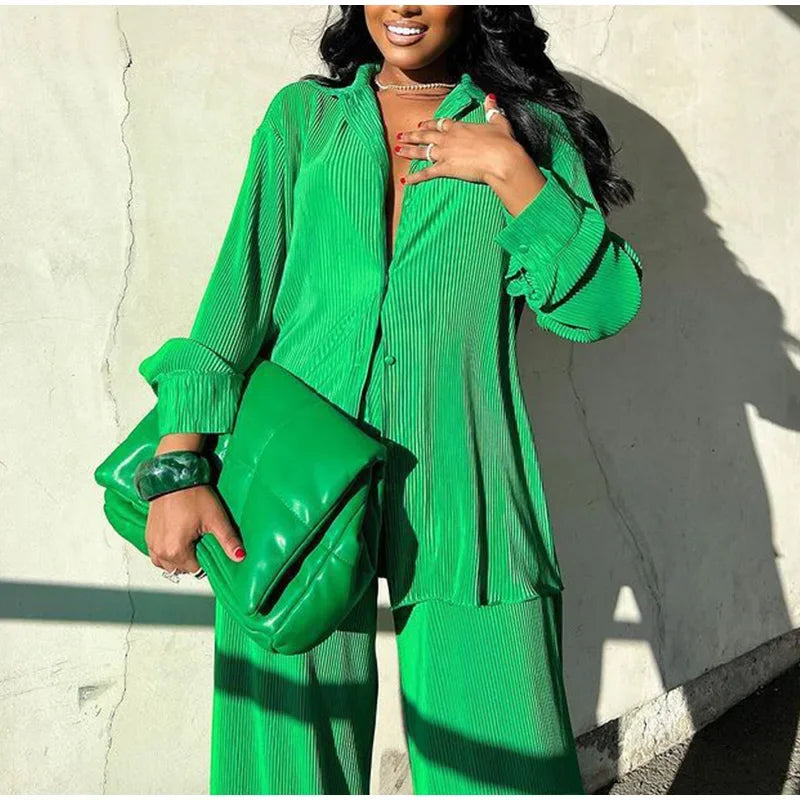 Pleated Solid Women Set Long Sleeve Shirts and Straight Wide Leg Pants Suits Tracksuit Two Piece Set Fitness Outfits green