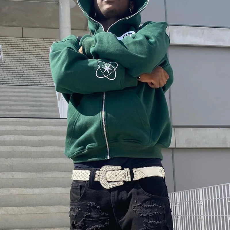 Women Letter Printed Hoodies Harajuku High Street Hooded Sweatshirts Y2K Streetwear Hip Hop Gothic Zip Up Loose Jacket Coats