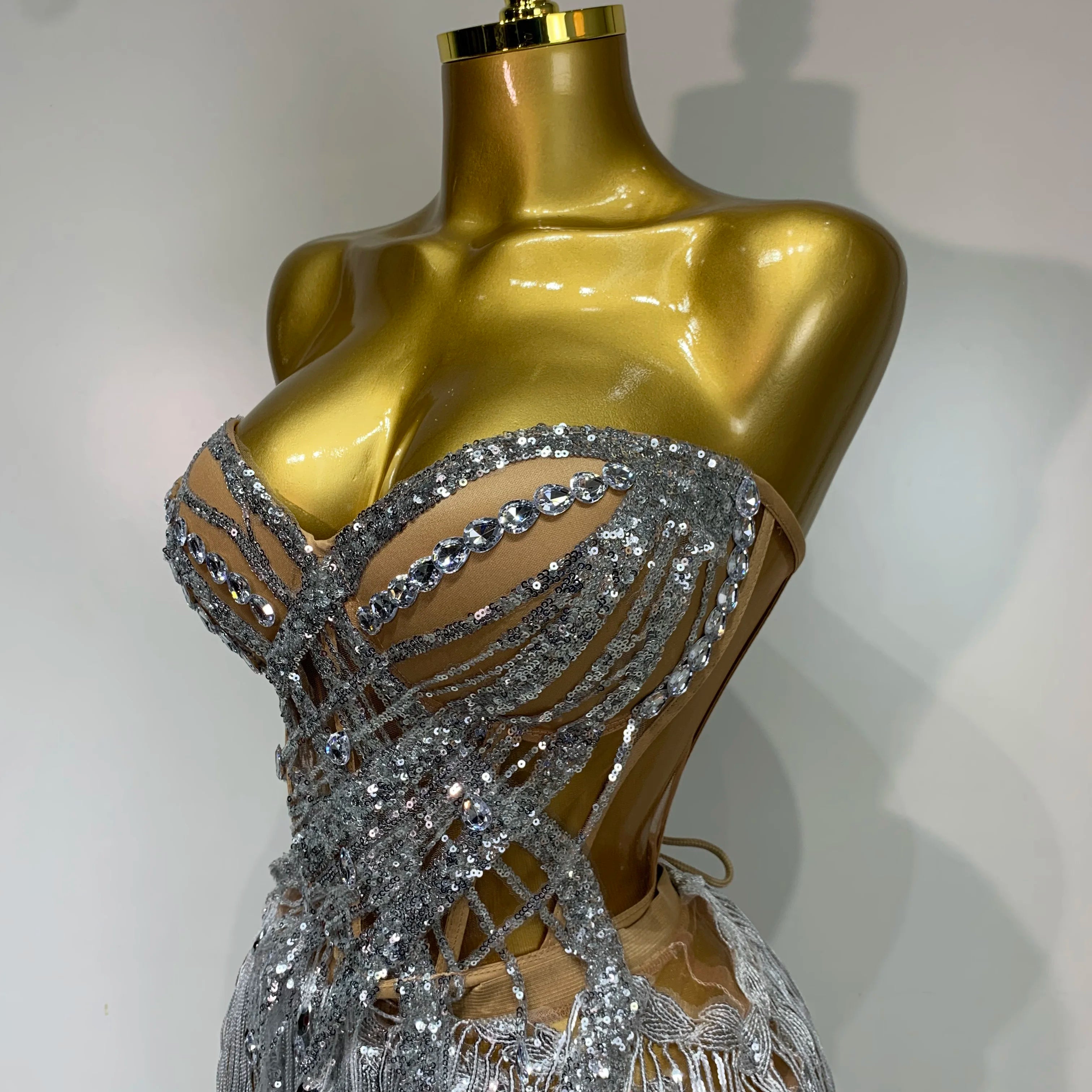 Women Sexy Singer Dancer Performan Costume Nightclub Bar Girl Sparkly Diamond Tassel Two Piece Set Evening Party Outfit