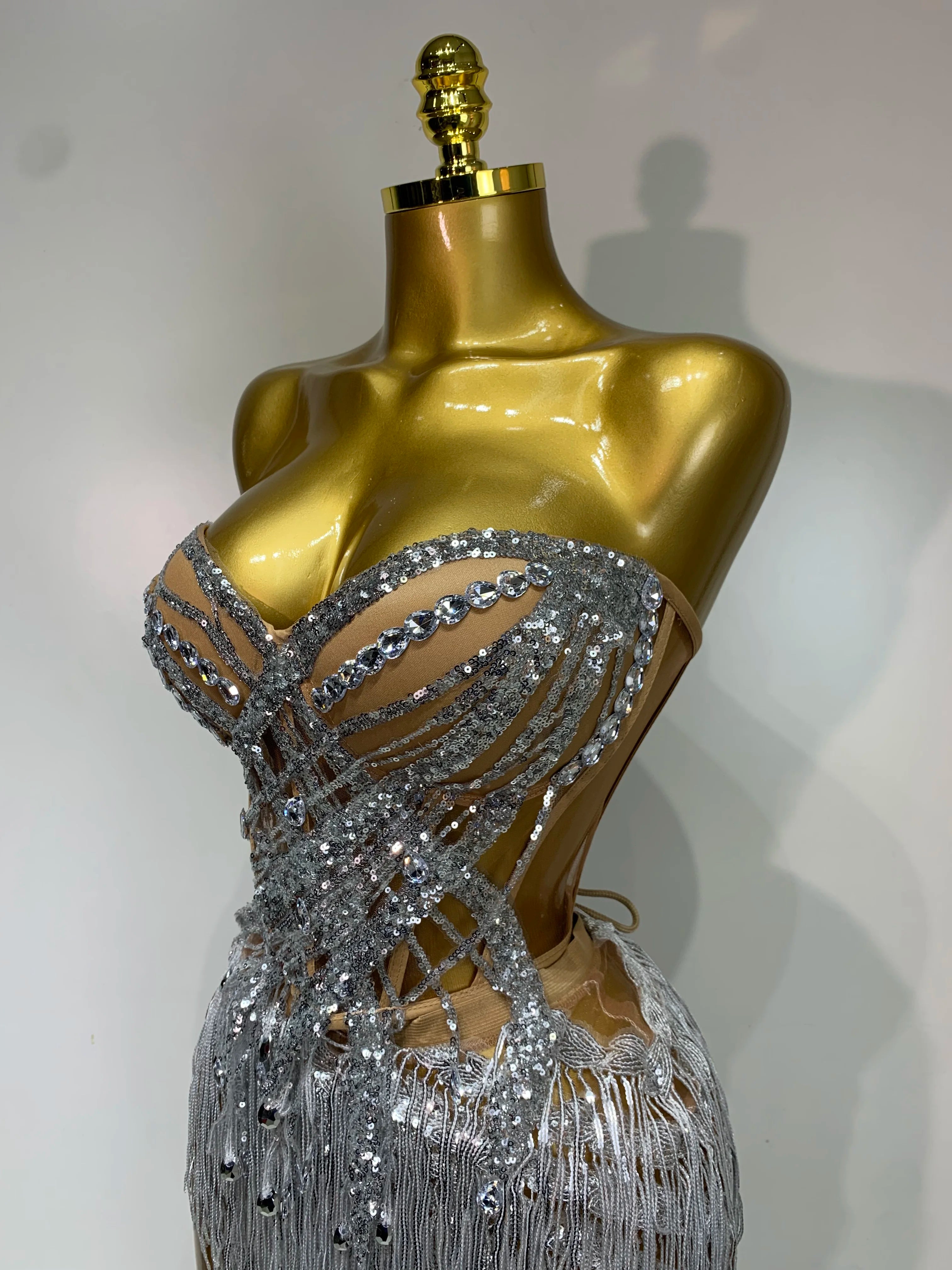 Women Sexy Singer Dancer Performan Costume Nightclub Bar Girl Sparkly Diamond Tassel Two Piece Set Evening Party Outfit