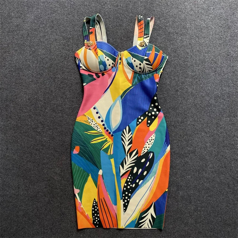Women Sleeveless Sexy Square Collar Colorful Print Bodycon Mini Bandage Dress Nightclub Party Birthday Dress