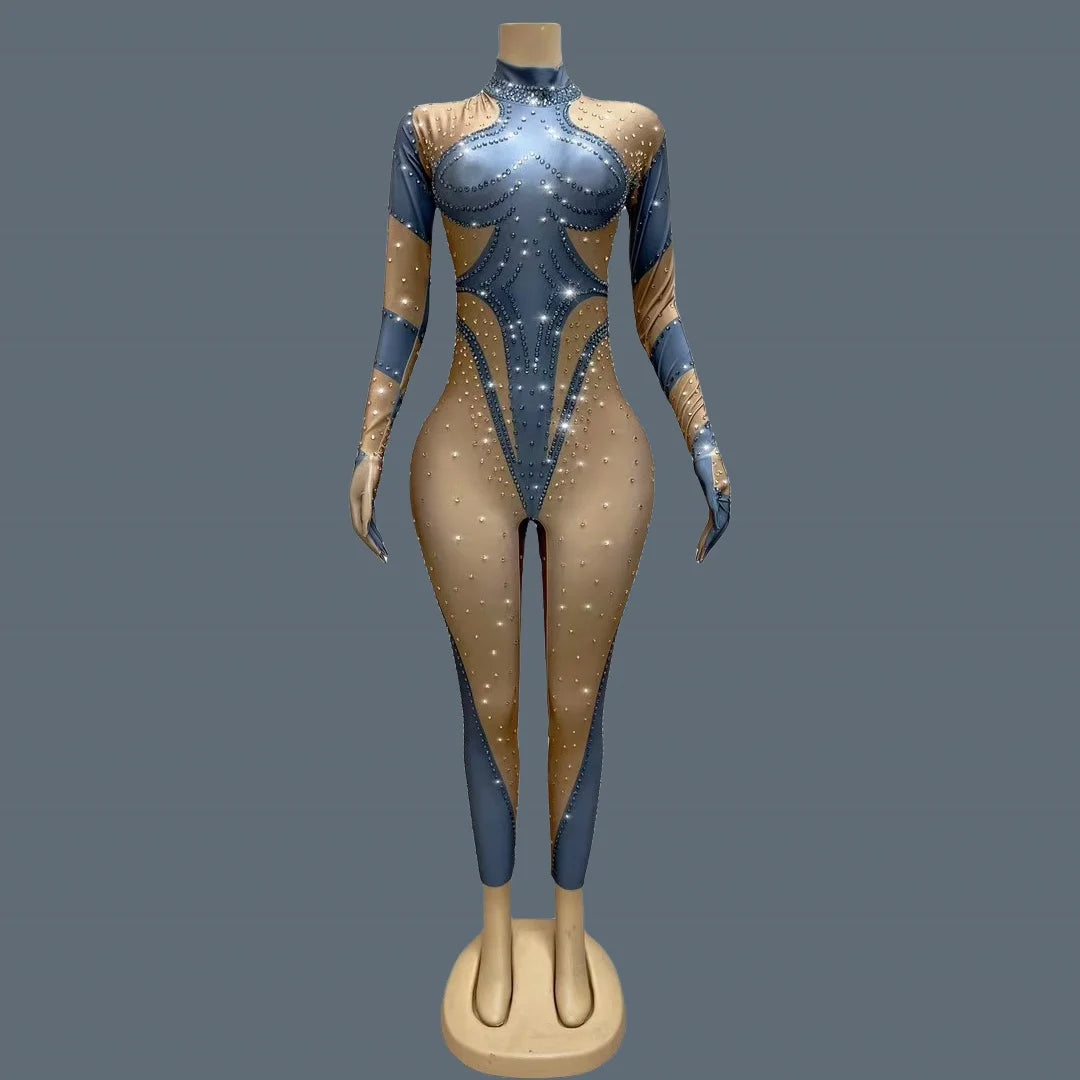 Sparkly Rhinestones Jumpsuit Gloves for Women Sexy Stretchy Performance Dance Costume Nightclub Jumpsuit Show Stage Wear Dudou as shown